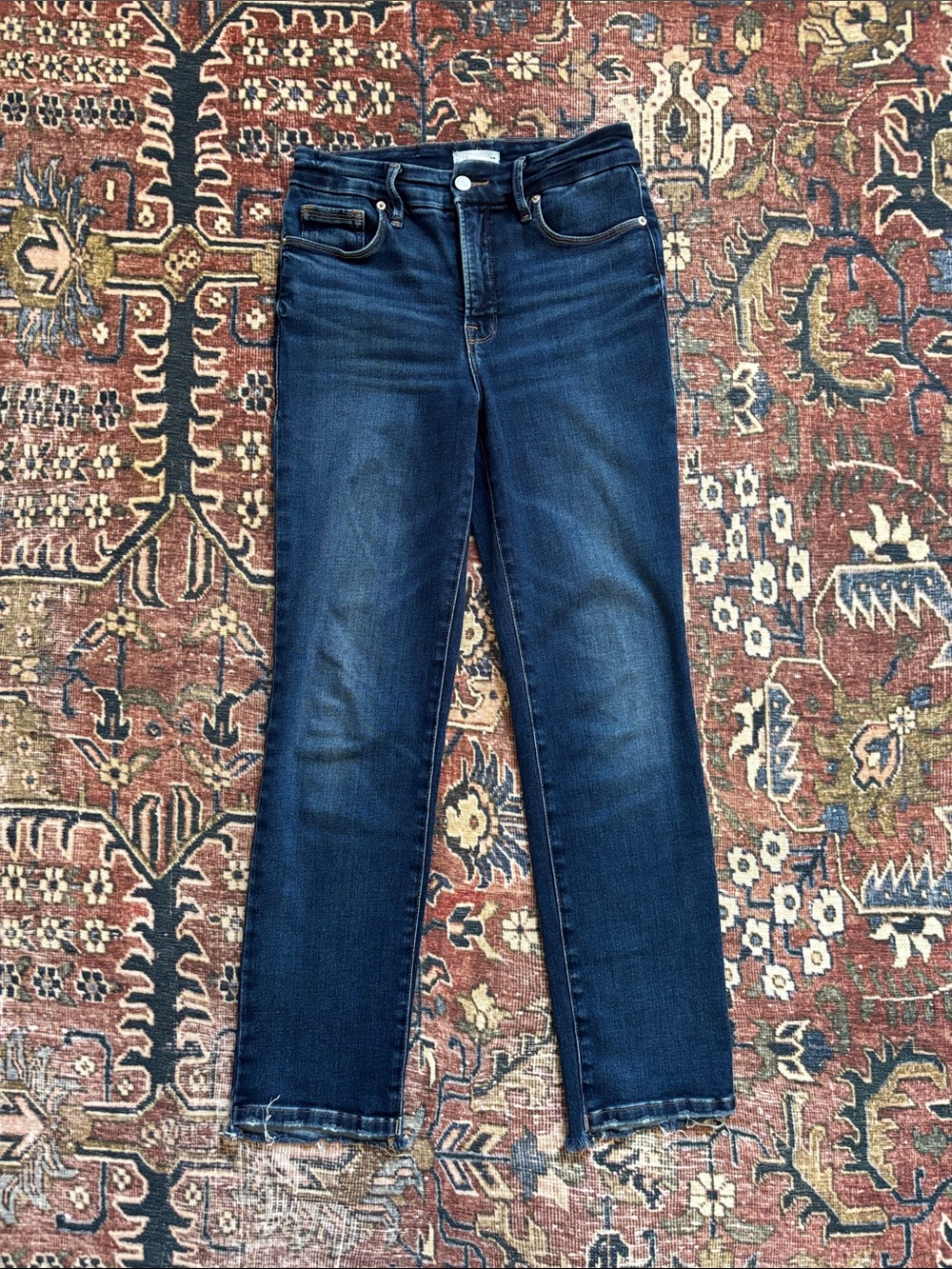 Good American Drop Hem Dark Blue Straight Leg Jeans